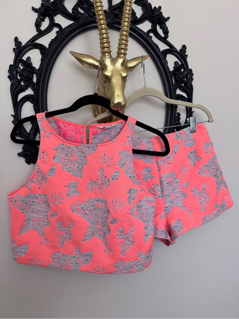 BB Dakota Neon Coral Floral Two-Piece Crop Top and Shorts Set